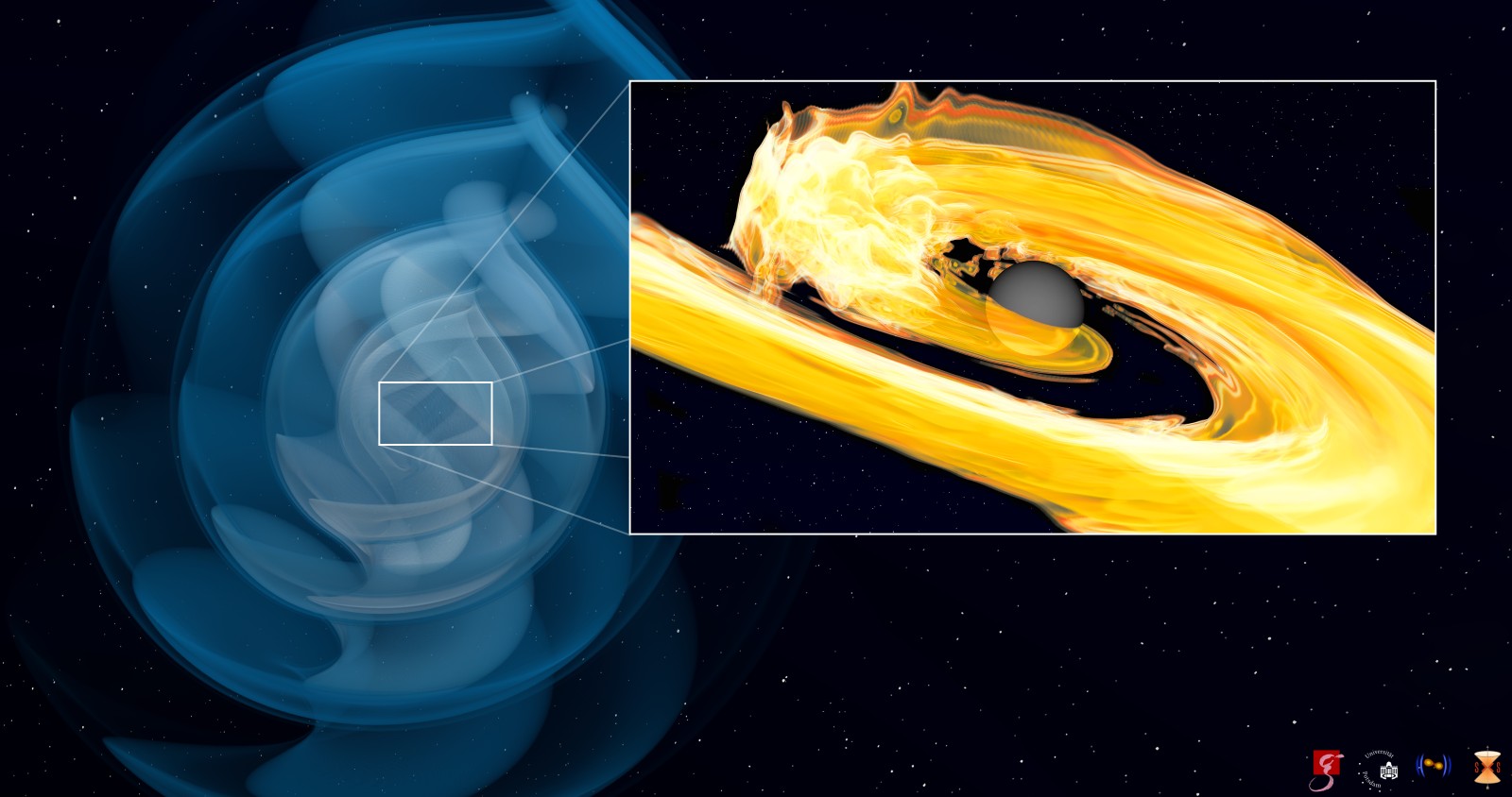 Árapály-katasztrófa: a fekete lyuk szétszakítja a neutroncsillagot. (Forrás: Stockholm U. - Potsdam U. - Max Planck Institute for Gravitational Physics / S.V. Chaurasia, T. Dietrich, N. Fischer, S. Ossokine, H. Pfeiffer)