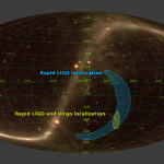 A GW170814 forrásának lokalizációja a két LIGO detektorral (kék) illetve a LIGO és Virgo detektorok együttes lokalizációja (sárga). (Készítők: Giuseppe Greco, Marica Branchesi, Nicolas Arnaud)